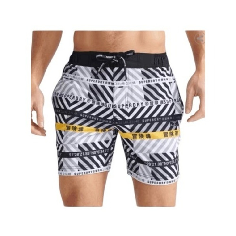 Superdry 21" Printed Board Shorts‎ White Black Yellow Knit Regular Fit L